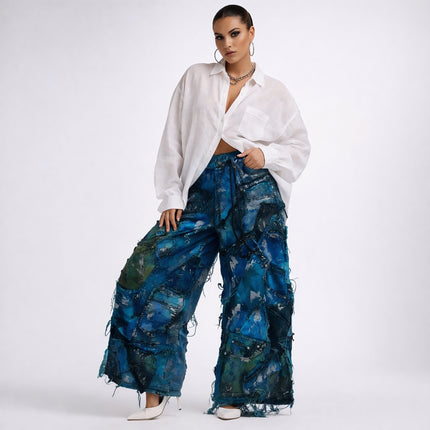 Wearable Ruins Blue Shredded Denim Wide Leg Colored Pants A