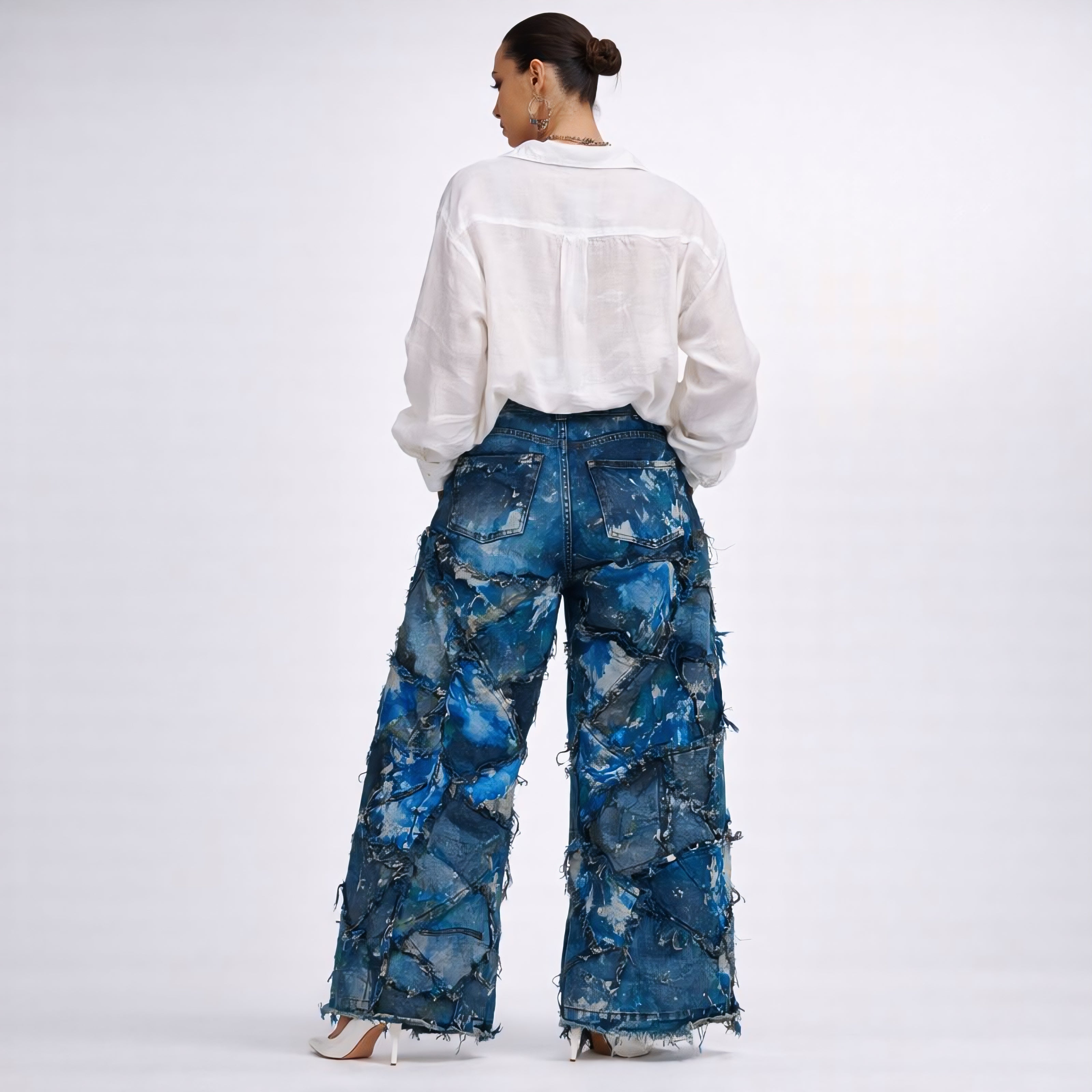 Wearable Ruins Blue Shredded Denim Wide Leg Colored Pants A
