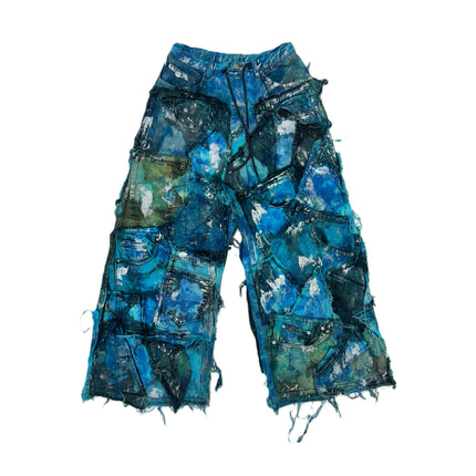 Wearable Ruins Blue Shredded Denim Wide Leg Colored Pants A