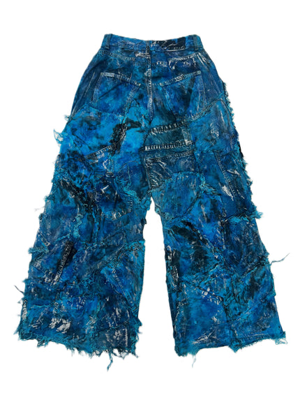 Wearable Ruins Blue Shredded Denim Wide Leg Colored Pants