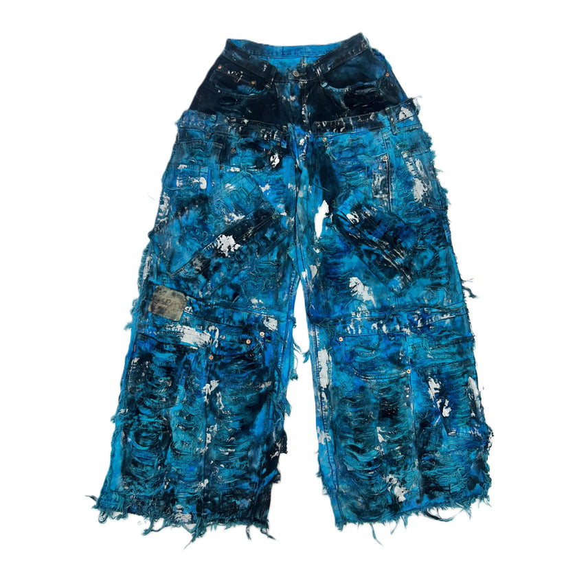 Wearable Ruins Blue Shredded Wide Leg Colored denim pants