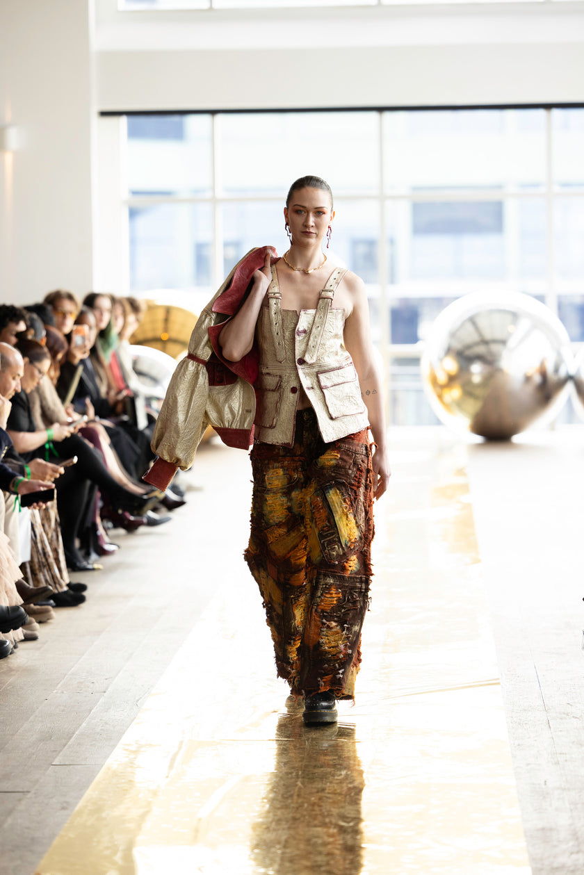 Wearable Ruins Red Gold Shredded Denim Wide Leg Pants