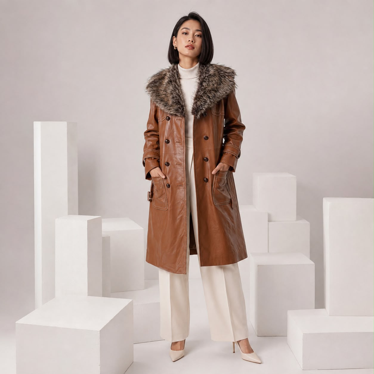 ROYAL JULEP BROWN LONG LEATHER COAT WITH FAUX FUR LINING