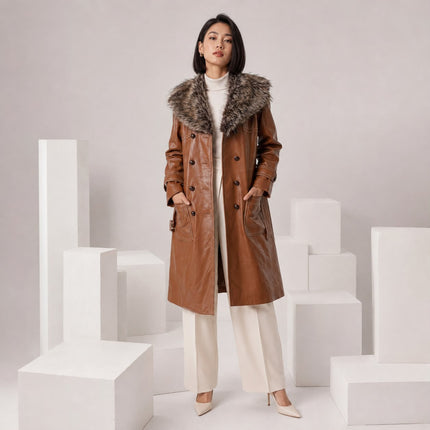 ROYAL JULEP BROWN LONG LEATHER COAT WITH FAUX FUR LINING