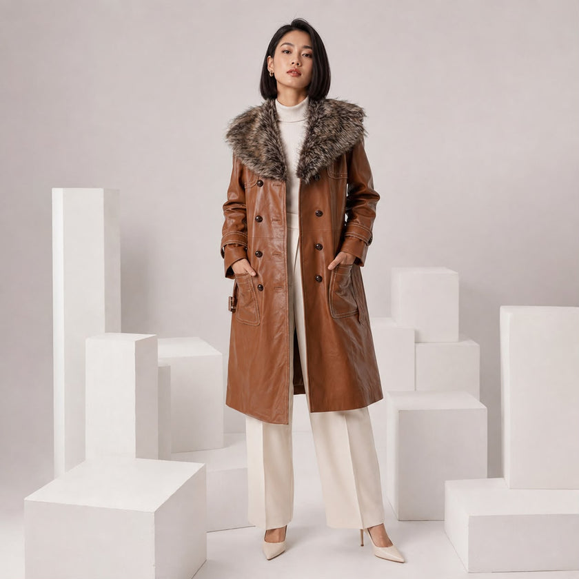 ROYAL JULEP BROWN LONG LEATHER COAT WITH FAUX FUR LINING