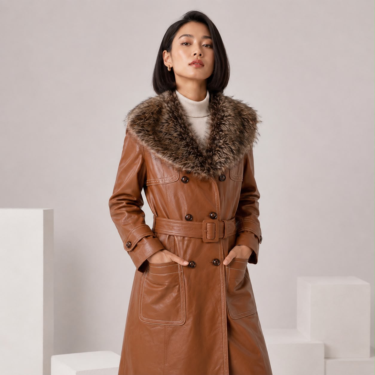 ROYAL JULEP BROWN LONG LEATHER COAT WITH FAUX FUR LINING