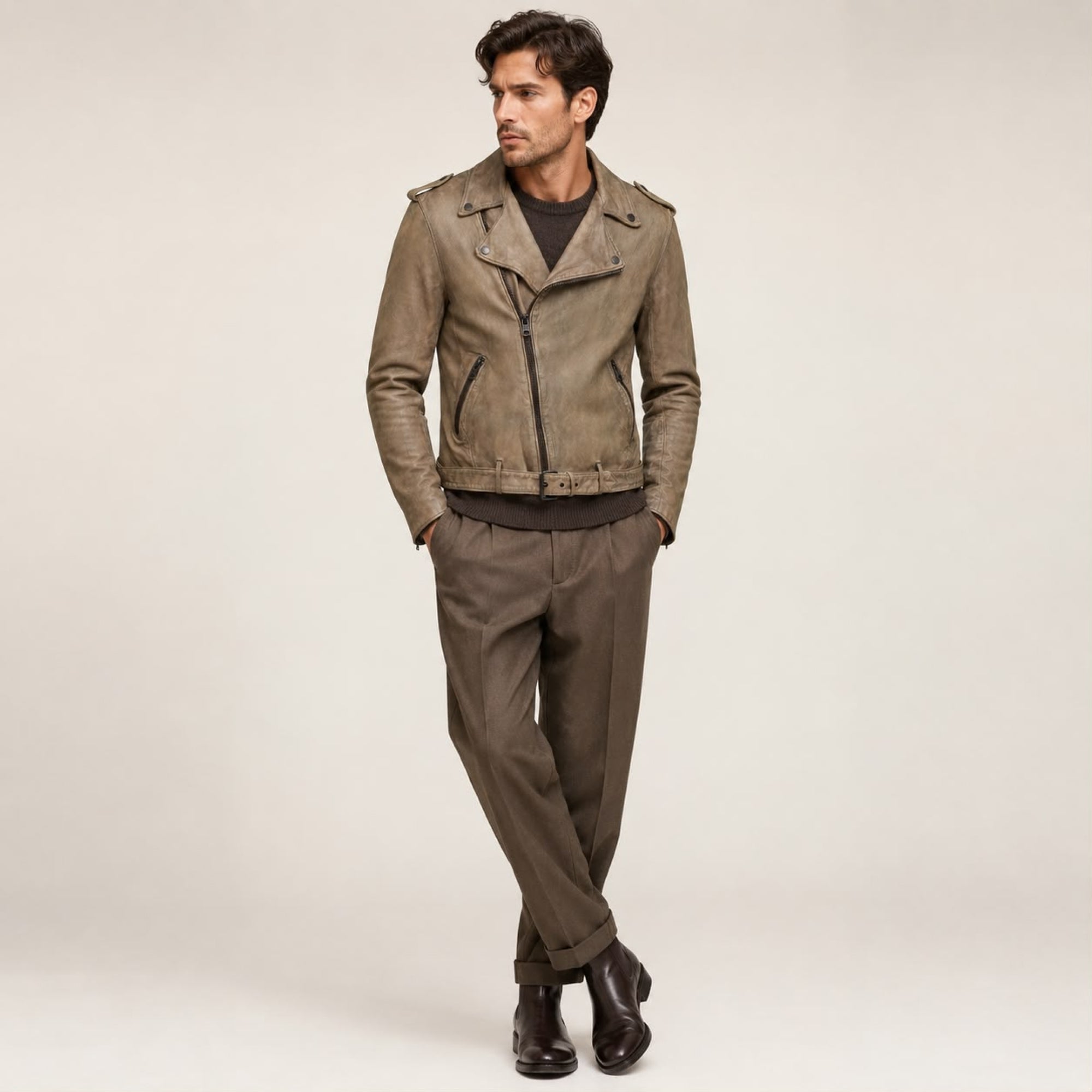 STORM RIDER DUSTY GREEN LEATHER BIKER JACKET