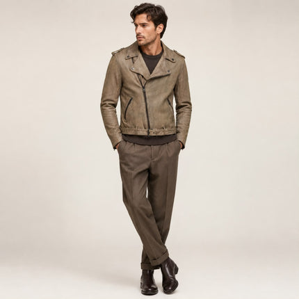 STORM RIDER DUSTY GREEN LEATHER BIKER JACKET