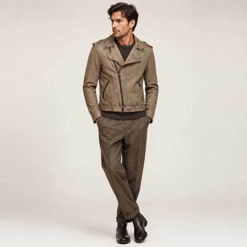 STORM RIDER DUSTY GREEN LEATHER BIKER JACKET