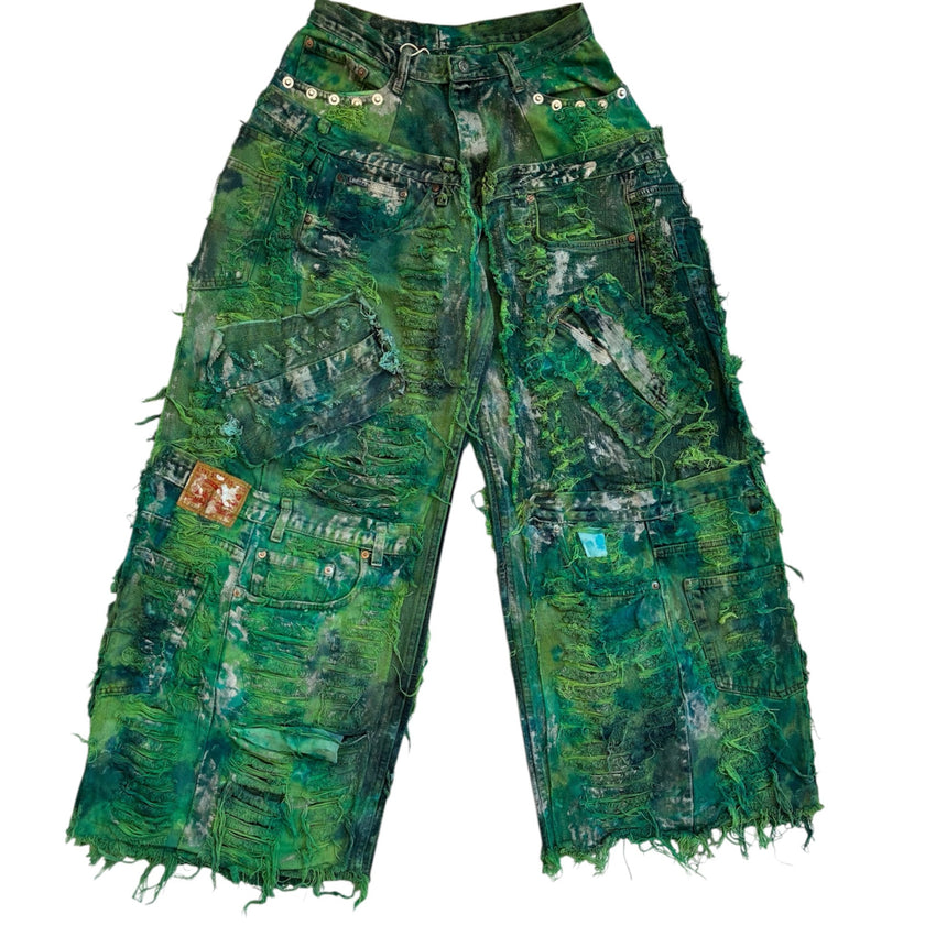 Wearable Ruins Green Shredded Wide Leg Pants A