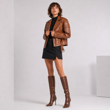 TEQUILA SUNRISE BROWN BIKER LEATHER JACKET