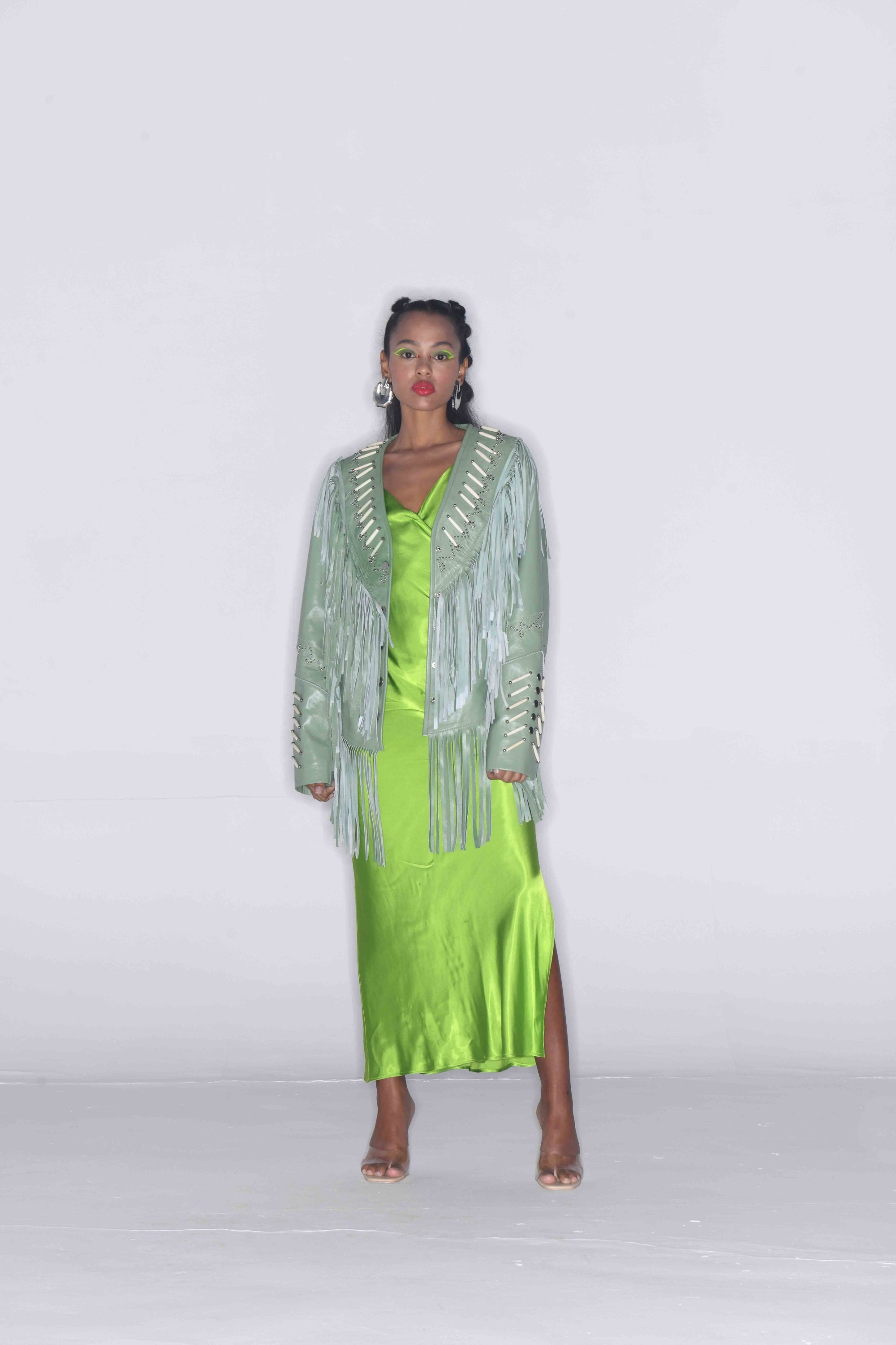 THE LEADER GREEN LEATHER JACKET WITH FRINGES AND BEADS