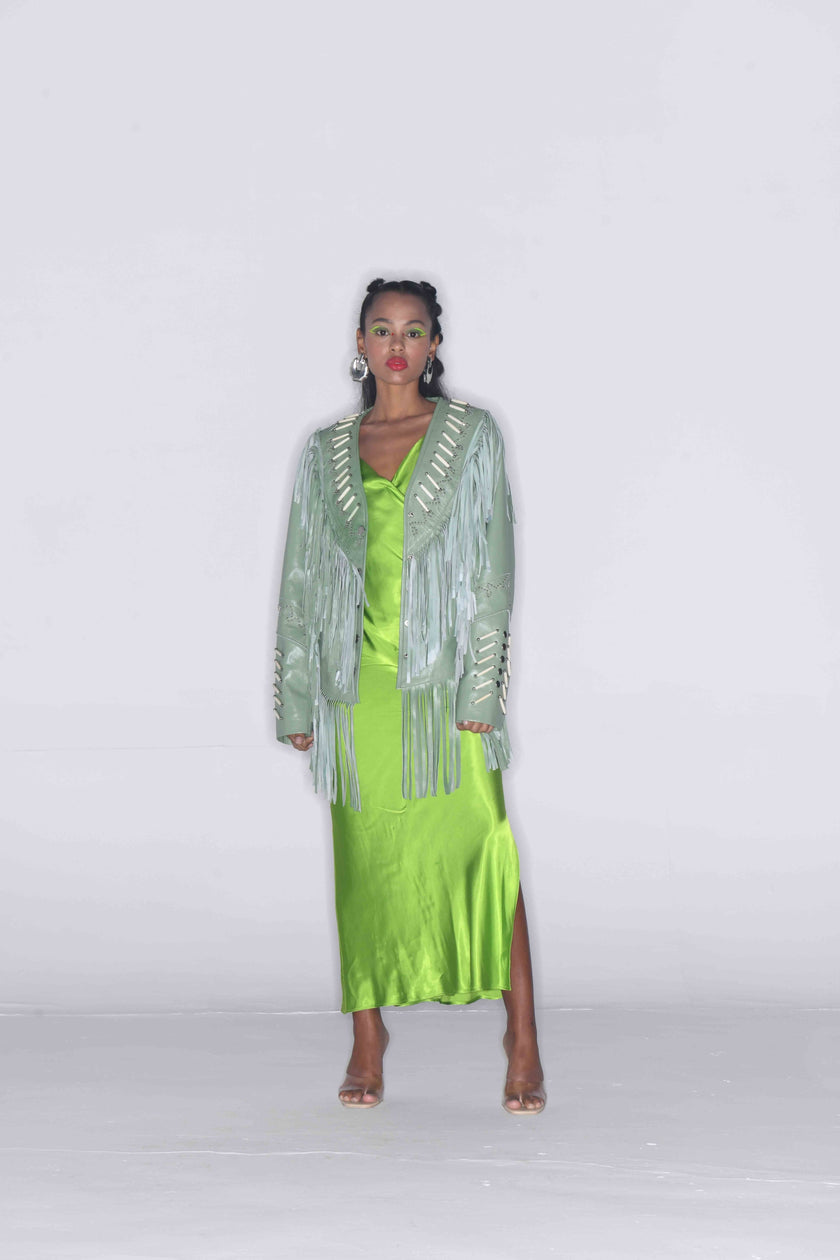 THE LEADER GREEN LEATHER JACKET WITH FRINGES AND BEADS