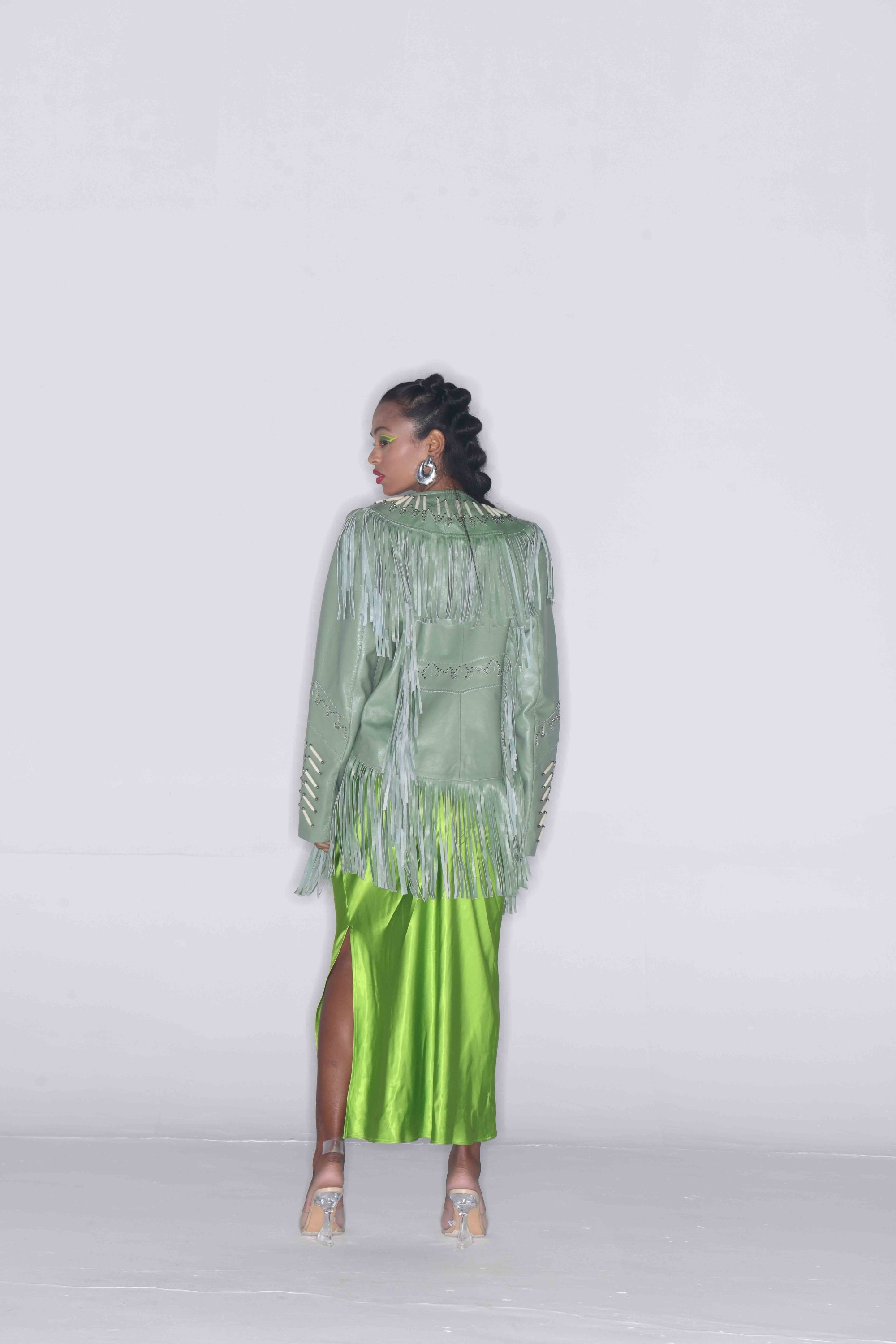 THE LEADER GREEN LEATHER JACKET WITH FRINGES AND BEADS