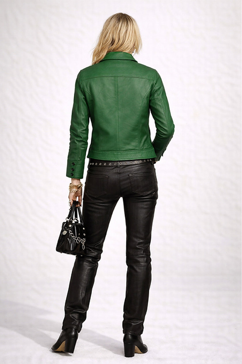 BUBBLE GUM GREEN MULTI POCKET LEATHER JACKET