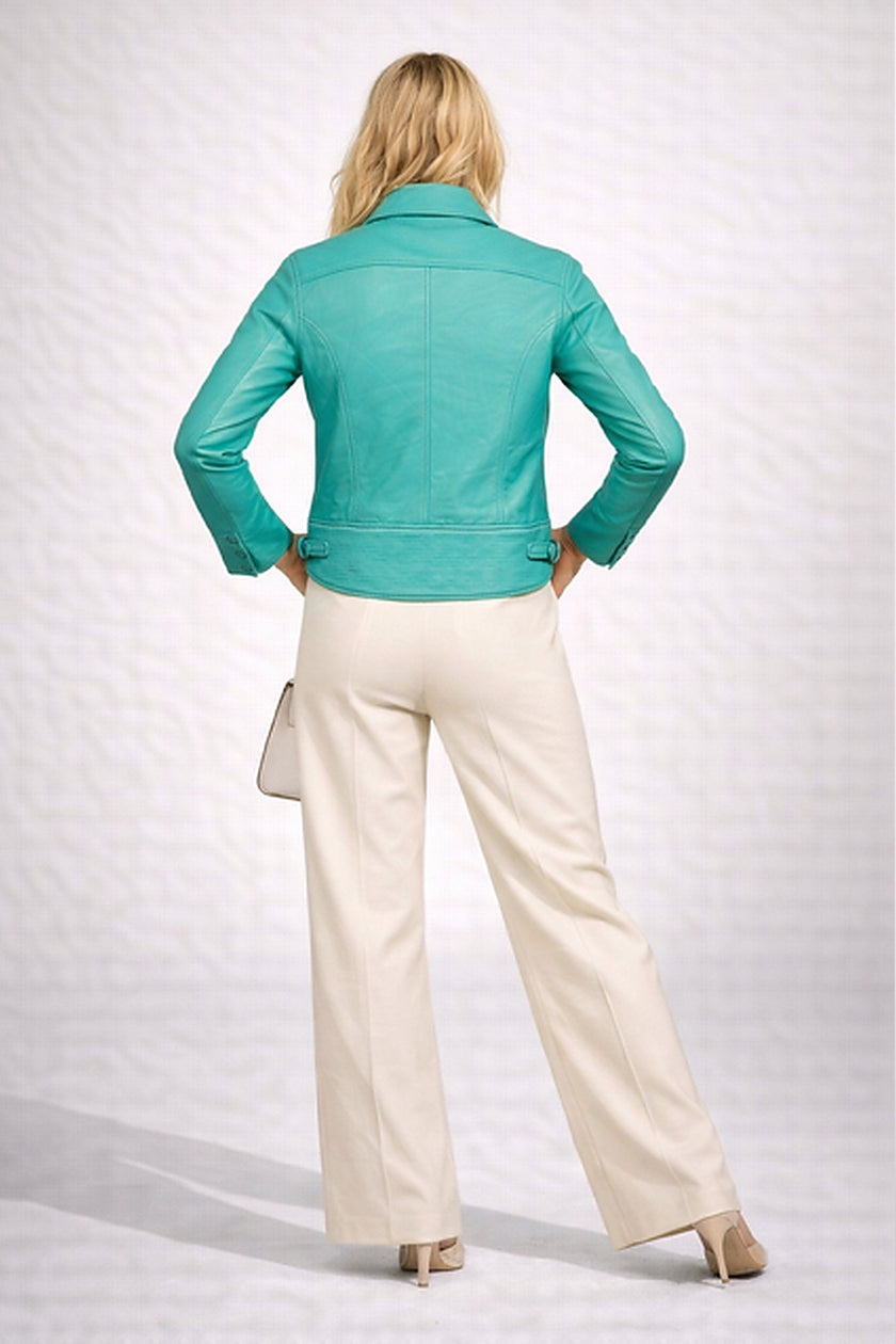 BUBBLE GUM SEA GREEN MULTI POCKET LEATHER JACKET