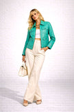 BUBBLE GUM SEA GREEN MULTI POCKET LEATHER JACKET