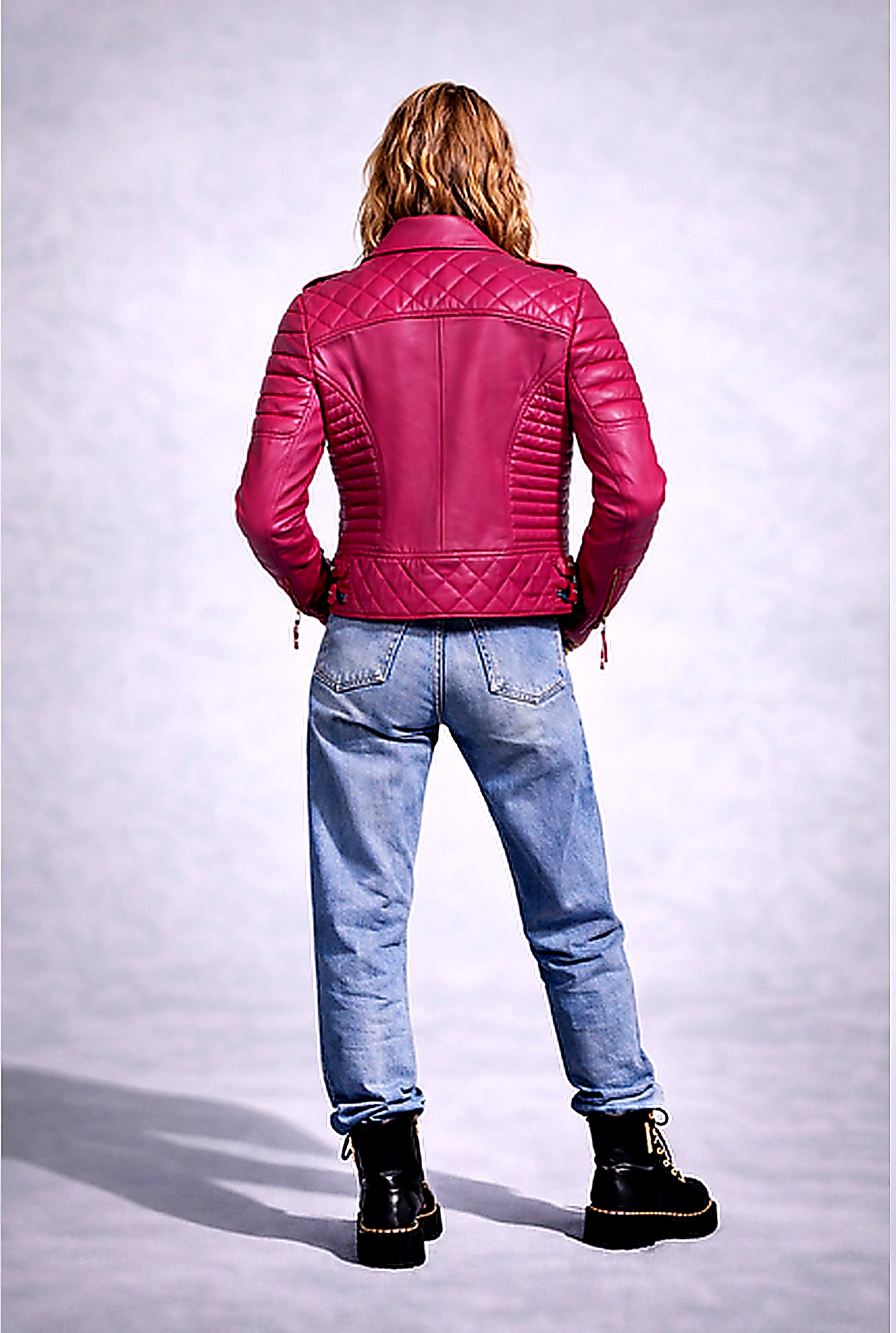 BLUE MOTORCYCLE FUCHSIA PINK BIKER LEATHER JACKET
