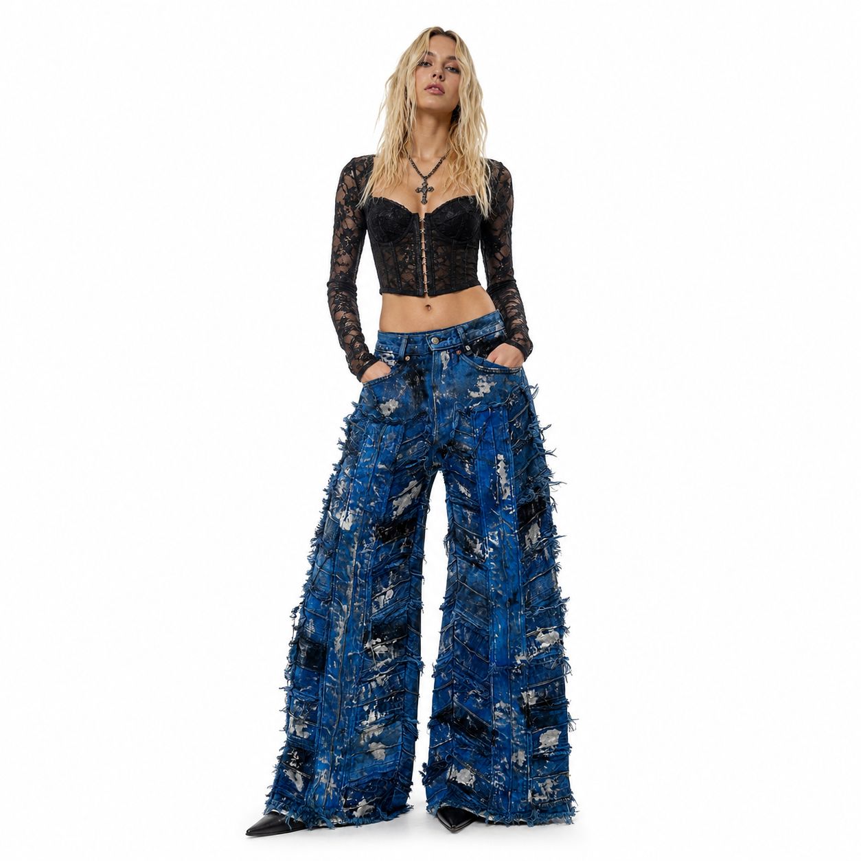 Shredded Wide Leg Colored Denim Pants A