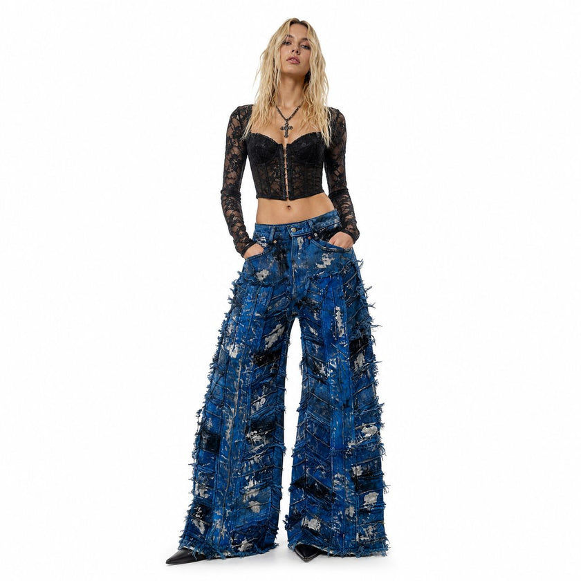 Shredded Wide Leg Colored Denim Pants A