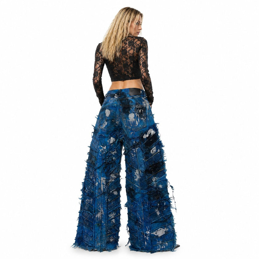 Shredded Wide Leg Colored Denim Pants A