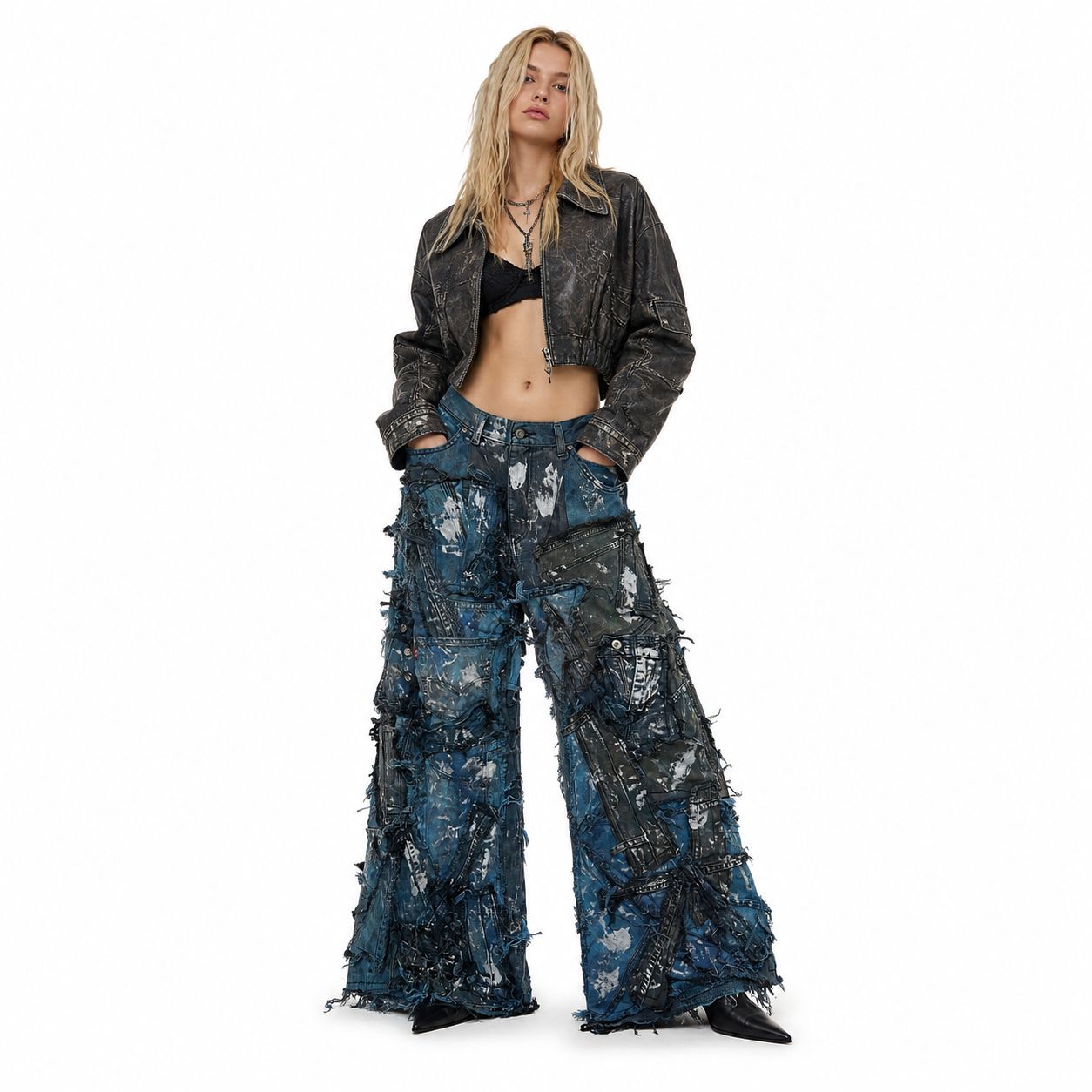 Shredded Wide Leg Colored Denim Pants B