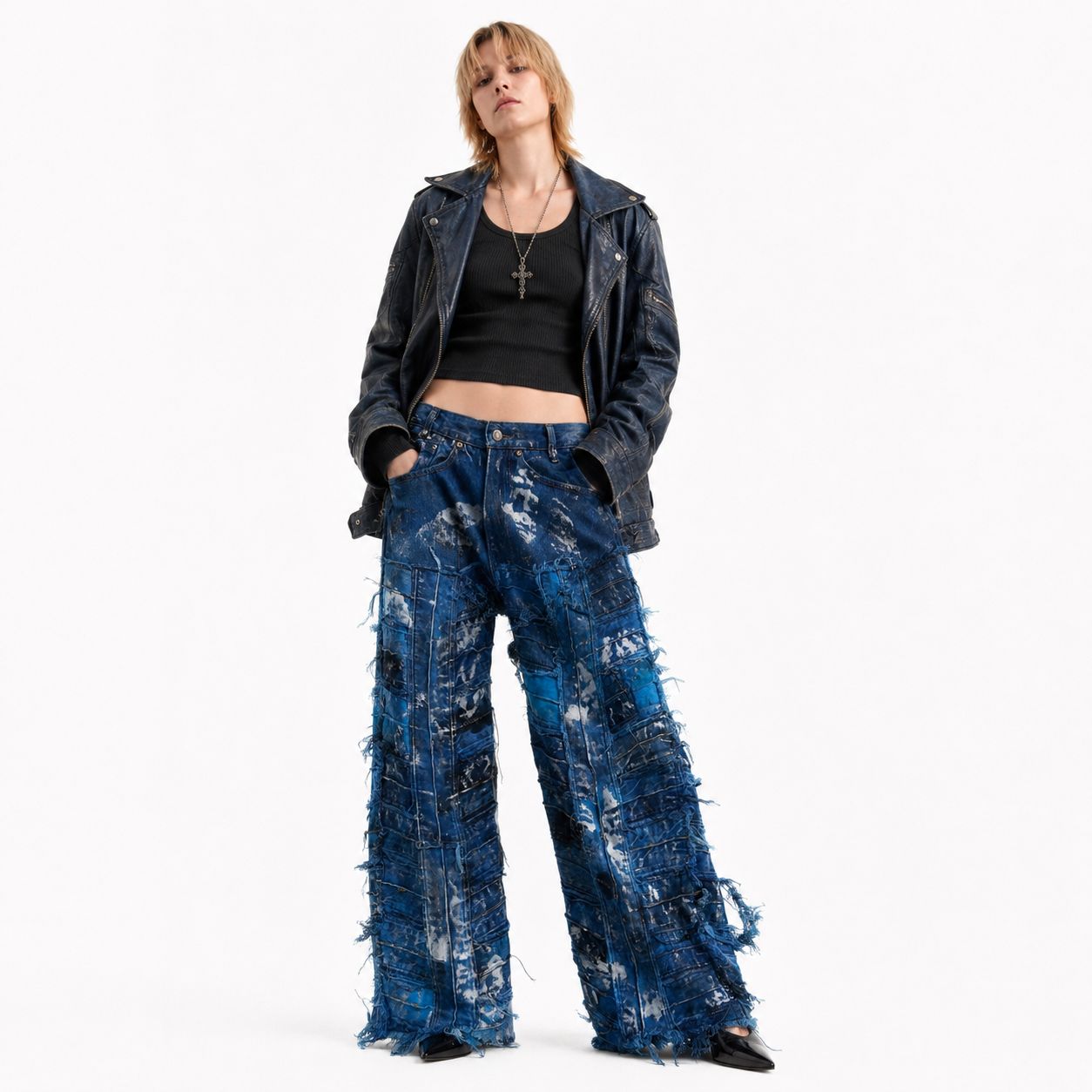 Shredded Wide Leg Colored Denim Pants C