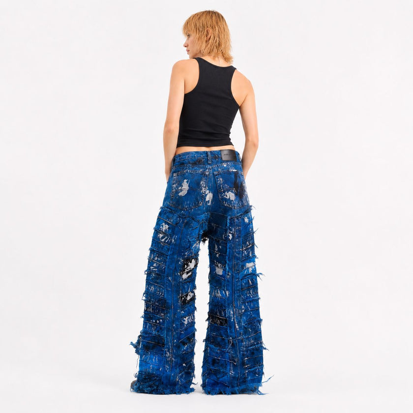 Shredded Wide Leg Colored Denim Pants C