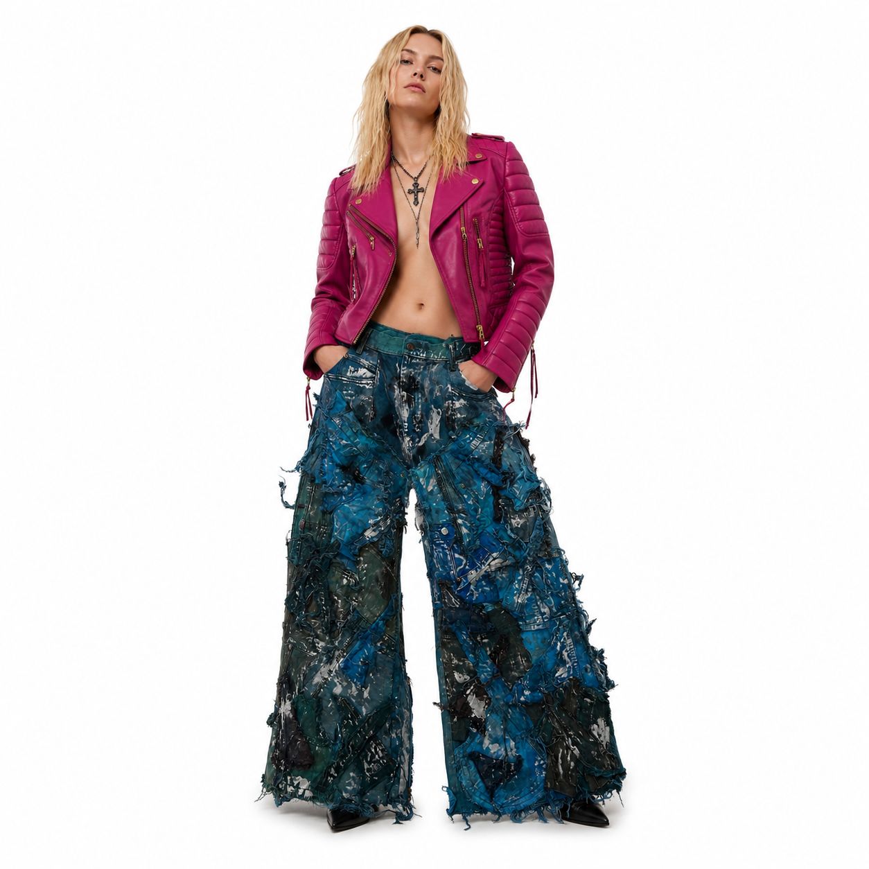Shredded Wide Leg Colored Denim Pants D