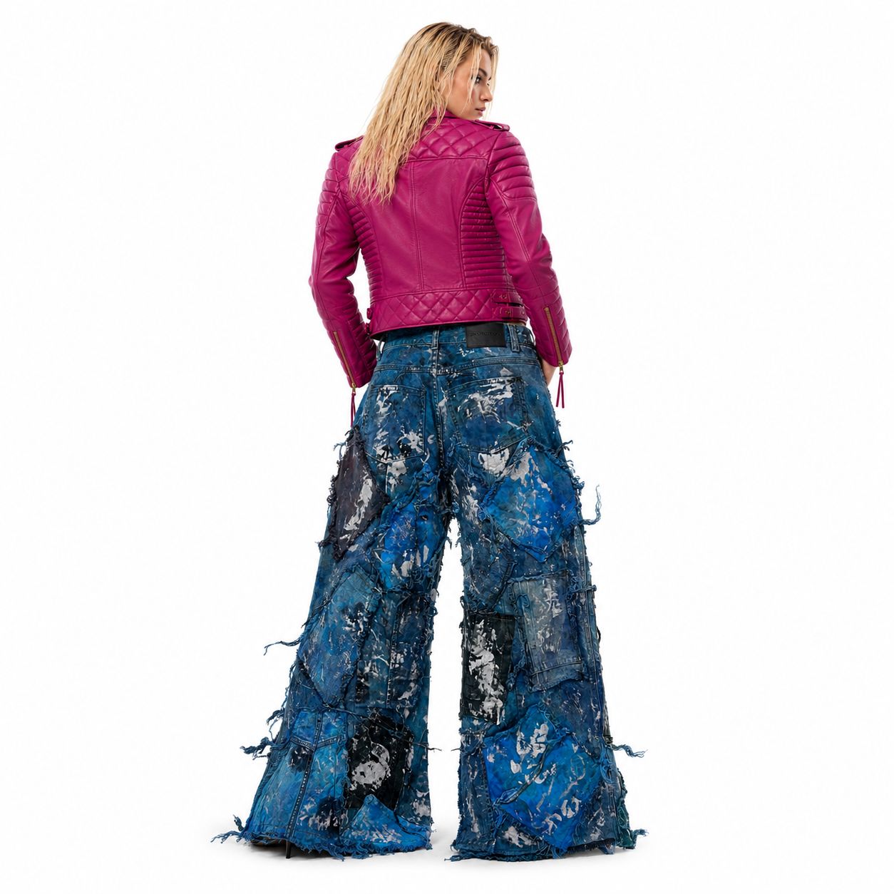 Shredded Wide Leg Colored Denim Pants D