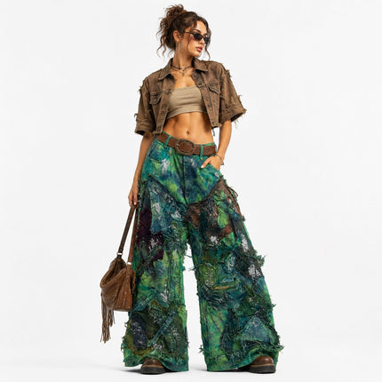 Shredded Wide Leg Colored denim pants D