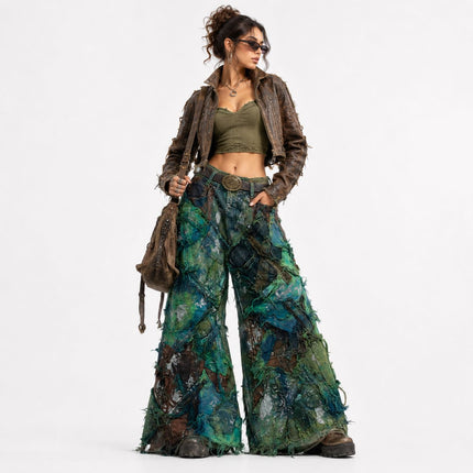 Shredded Wide Leg Colored denim pants C