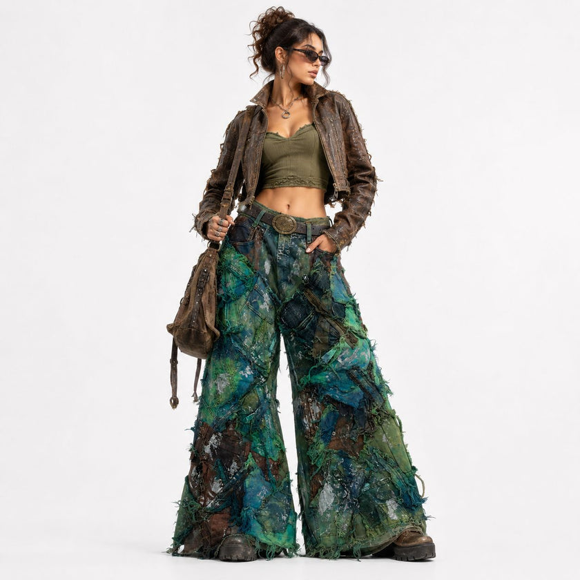 Shredded Wide Leg Colored denim pants C