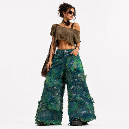 Shredded Wide Leg Colored denim pants B