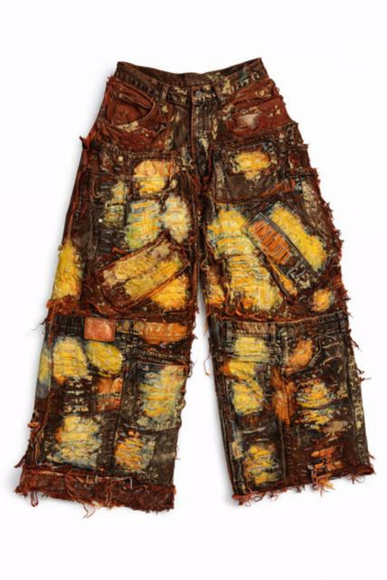 Wearable Ruins Red Gold Shredded Denim Wide Leg Pants A