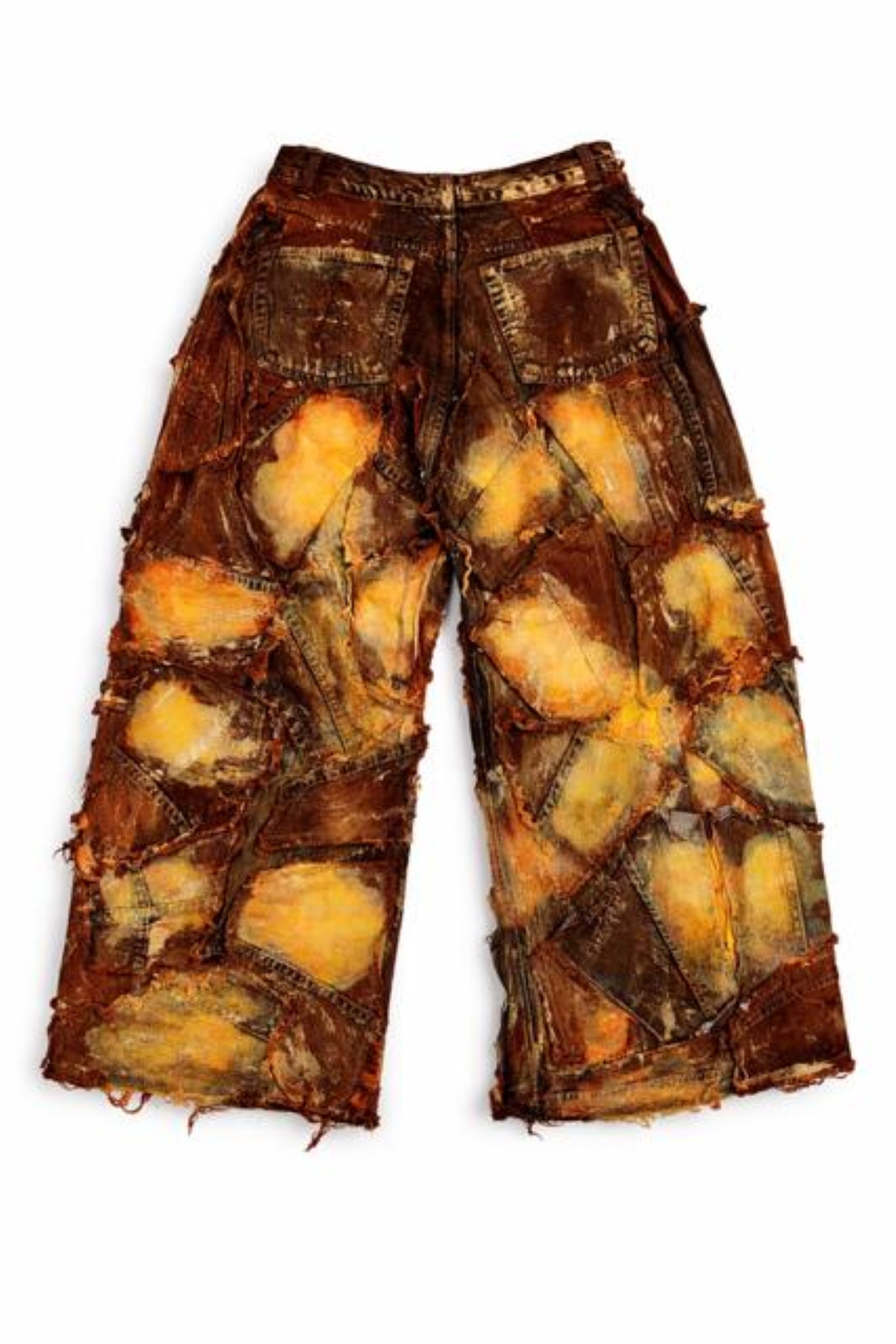 Wearable Ruins Red Gold Shredded Denim Wide Leg Pants A