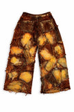Wearable Ruins Red Gold Shredded Denim Wide Leg Pants A