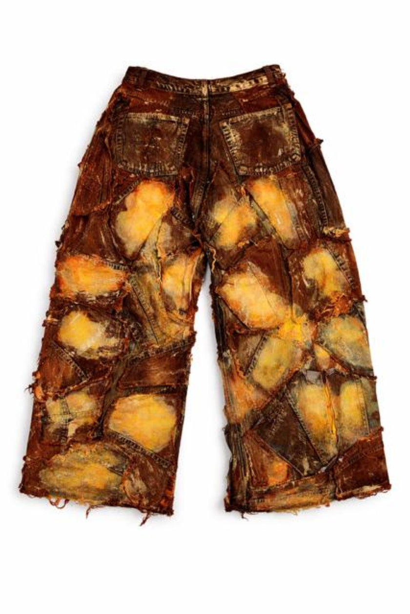 Wearable Ruins Red Gold Shredded Denim Wide Leg Pants A