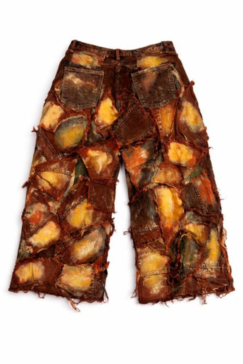 Wearable Ruins Red Gold Shredded Denim Wide Leg Pants