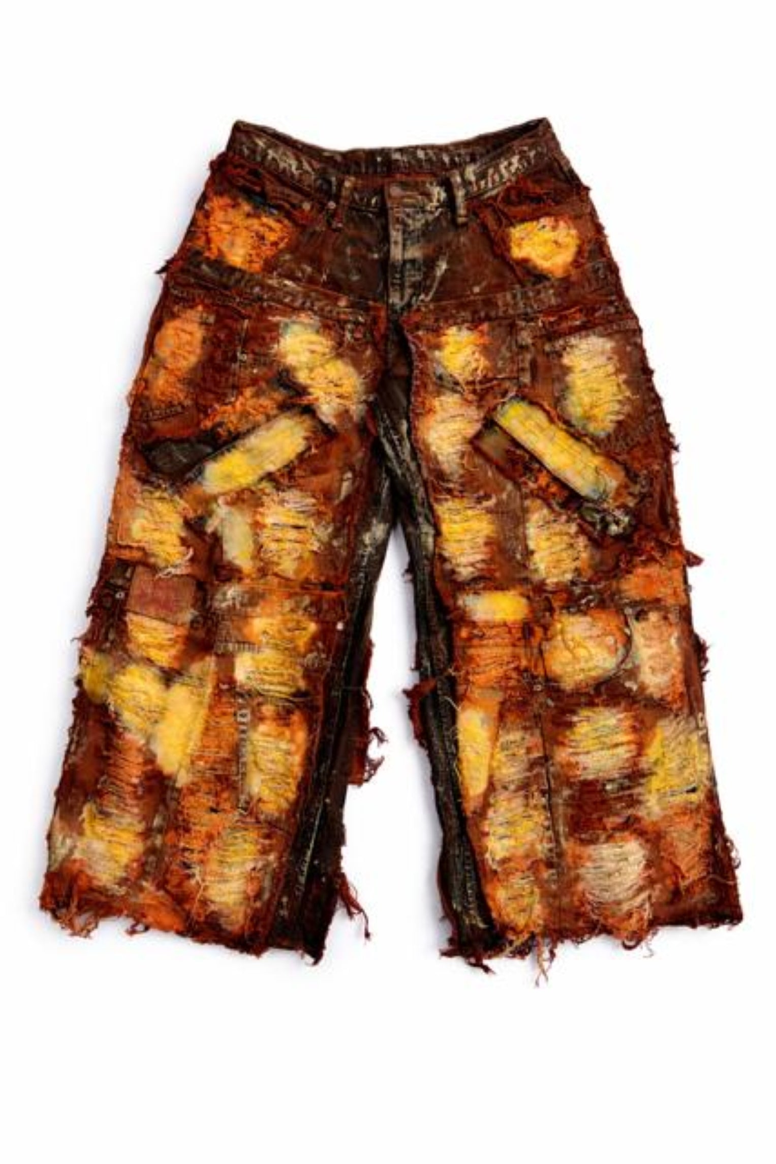Wearable Ruins Red Gold Shredded Denim Wide Leg Pants