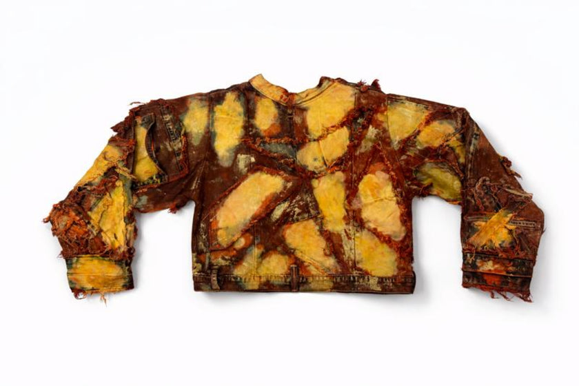 Wearable Ruins Red Gold Shredded Denim Crop Jacket
