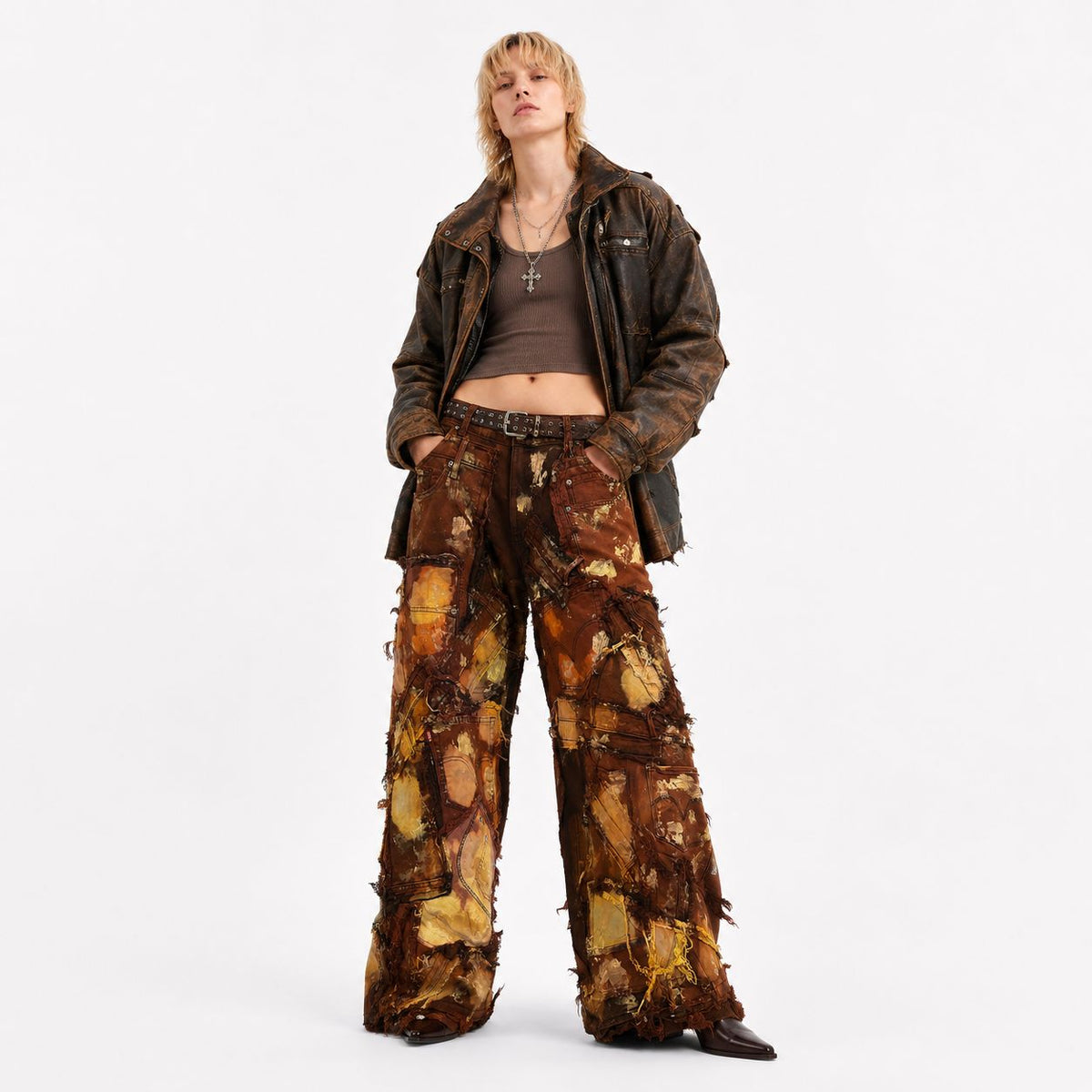 Wearable Ruins Red Gold Shredded Denim Wide Leg Pants D