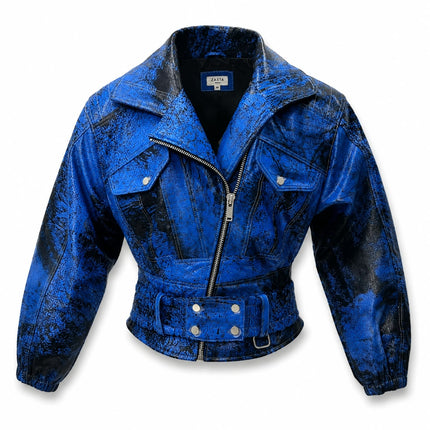 Blue Rusted Rollers Cropped Bomber Jacket