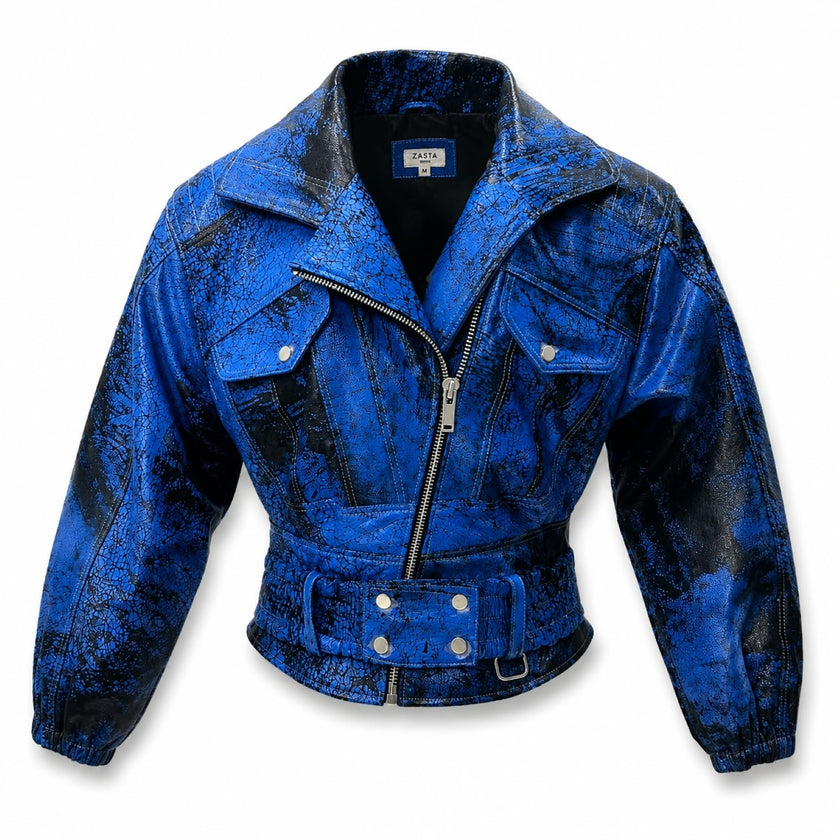Blue Rusted Rollers Cropped Bomber Jacket
