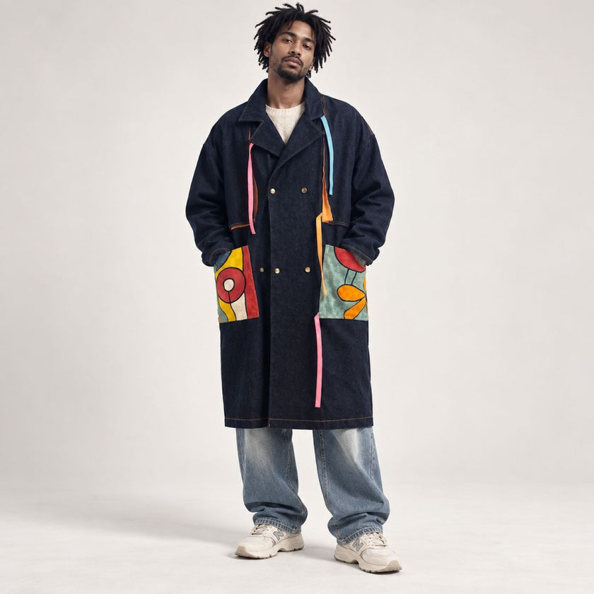 Denim Artwork Long Coat