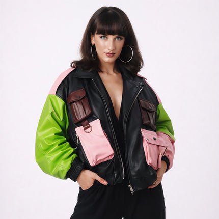 THE WIZARD MULTICOLORED BOMBER LEATHER JACKET WOMEN
