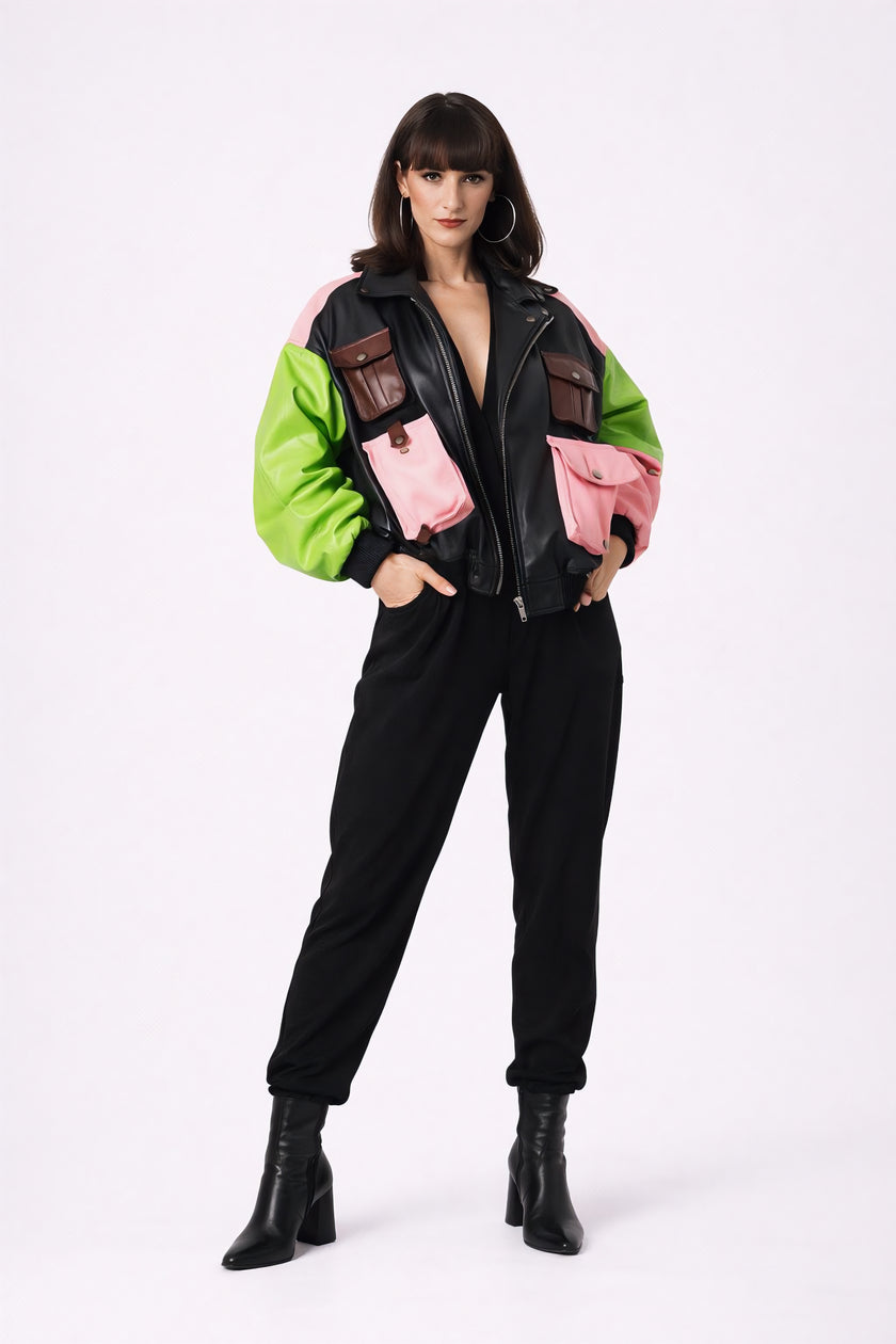 THE WIZARD MULTICOLORED BOMBER LEATHER JACKET WOMEN