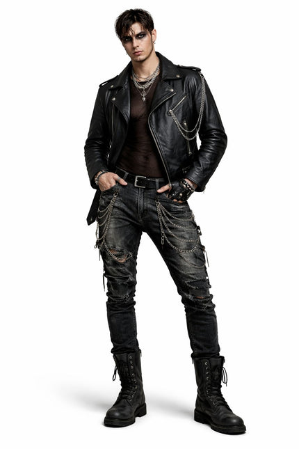 RUSTY CHAINS BIKER LEATHER JACKET MEN