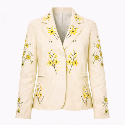FLOWER WINE OFF WHITE EMBROIDERED LEATHER BLAZER