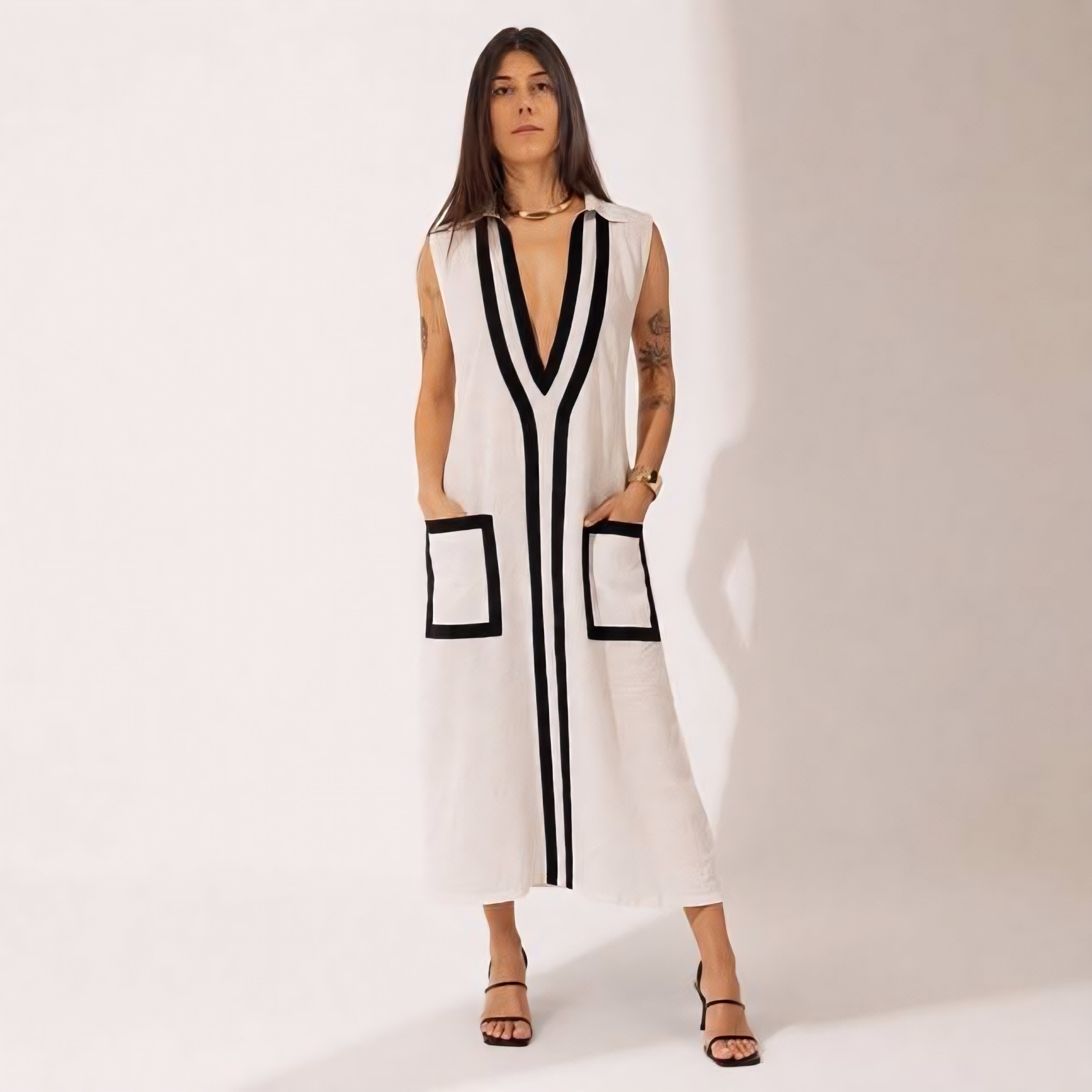 Linen Contrast Trim Maxi Dress